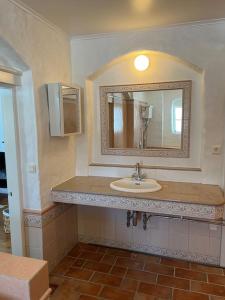 a bathroom with a sink and a mirror at Lägenhet i slott från 1600-talet in Uppsala