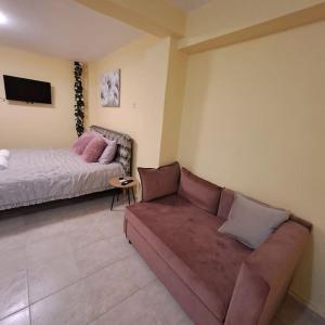 ein Wohnzimmer mit einem Sofa und einem Bett in der Unterkunft Zenia Home 1 Στην καρδιά της Πάτρας in Patras