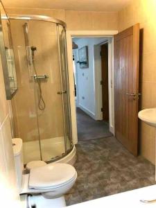 a bathroom with a shower and a toilet and a sink at 2 Dorset Mews in Lyme Regis