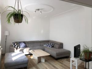 ein Wohnzimmer mit einem Sofa und einem Tisch in der Unterkunft Family House Bibertal in Bibertal 