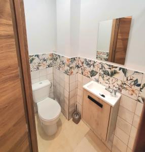 a bathroom with a toilet and a sink and a mirror at PLAZA HOME in Valencia