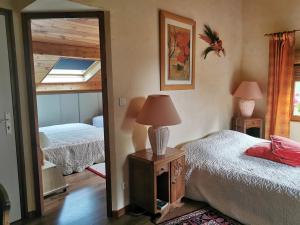 a bedroom with a bed and a lamp and a mirror at La grange à Léon in Fresse