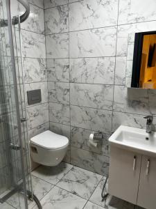 a bathroom with a toilet and a sink at Mego Suite Otel in Uzungöl +86 photos