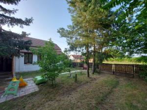 un patio con una casa con parque infantil y árboles en Tisza-tavi Kiserdő Vendégház, en Tiszaderzs