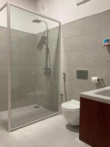 ein Bad mit einer Dusche, einem WC und einem Waschbecken in der Unterkunft The View Hotel Sigiriya in Sigiriya