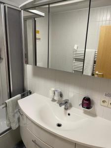 uma casa de banho com um lavatório branco e um espelho. em Friebert em Biberach an der Riss