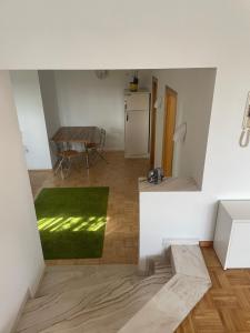 a living room with a table and a green rug at Friebert in Biberach an der Riß