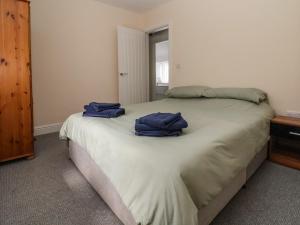 a bedroom with a bed with two blue pillows on it at Cae Iocyn in Wrexham