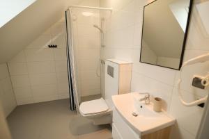 a bathroom with a toilet and a shower and a sink at Piaskowy 2 in Jantar