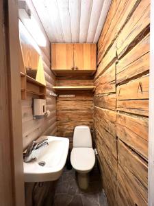 a bathroom with a white toilet and a sink at Black Work Levi Autti in Kittilä