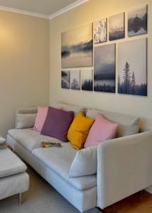 ein Wohnzimmer mit einem Sofa und bunten Kissen in der Unterkunft "GartenTraum" - FeWo in Marienmünster - Ostwestfalen in Marienmünster
