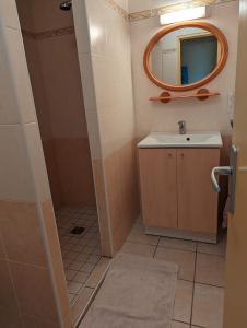La salle de bains est pourvue d'un lavabo et d'un miroir. dans l'établissement Domaine viticole Philippe Deschamps, à Beaujeu