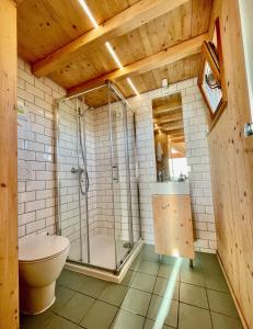 een badkamer met een douche en een toilet bij Lushna 11 Lux Suite at Lee Wick Farm Cottages & Glamping in Clacton-on-Sea
