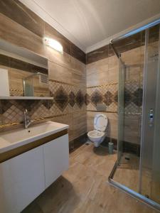La salle de bains est pourvue de toilettes, d'un lavabo et d'une douche. dans l'établissement Royal Evleri, à Trabzon