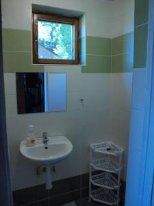 baño con lavabo y ventana en Gemütliches Blockhaus am Moldaustausee, en Horní Planá