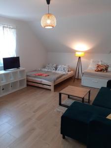 uma sala de estar com duas camas e um sofá em Apartmány Pod Vrchem Kytlice 71 em Kytlice