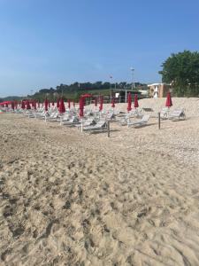 a row of lawn chairs on a sandy beach at Residence Verde Mare in Massignano +2 photos