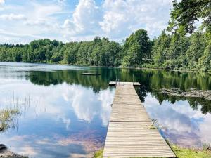 een houten steiger op een groot meer met bomen bij Holiday home Olofström IV in Olofström