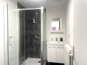 ein Badezimmer mit Dusche und Waschbecken in der Unterkunft Appartement avec vue sur le port in Sète