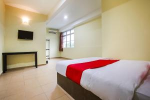 万津Happy Inn Hotel的一间卧室设有一张大床和一个壁炉 更多7张照片