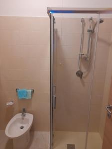 ein Bad mit einer Dusche, einem Waschbecken und einem WC in der Unterkunft Hotel La Giara in Montauro