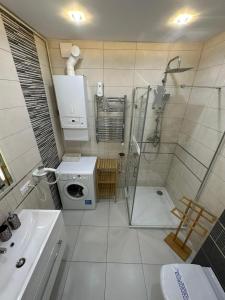ウストカにあるNadmorskie Marzenieのバスルーム(シャワー、洗濯機付)