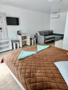 ein großes Bett im Wohnzimmer mit Sofa in der Unterkunft Перлина Дністра in Rudkovtsy