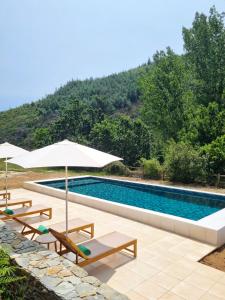ein Pool mit Bänken und Sonnenschirmen daneben in der Unterkunft Quinta das Levadas - Country House & Nature in Alvoco das Várzeas