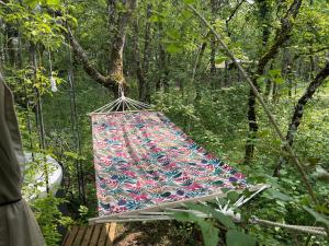 a hammock hanging from a tree in a forest at Ironvan in Bernac