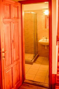 W łazience znajduje się prysznic i umywalka. w obiekcie Nosztalgia Vendégház w mieście Zalaegerszeg