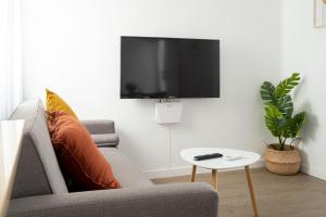 a living room with a couch and a tv on a wall at APARTMENT BEACH PICASSO in Sant Adria de Besos