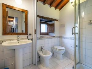 コルトーナにあるVilla Toscana La Mucchiaのバスルーム(洗面台、トイレ、鏡付)
