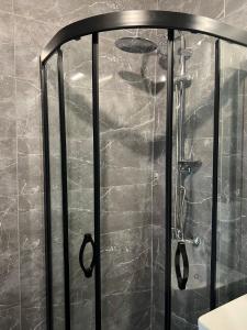 a shower with a glass door in a bathroom at Moni Homes in Fethiye