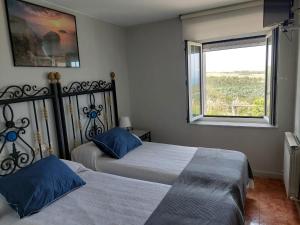 1 dormitorio con 2 camas y ventana en Apartamentos Casa Carola, en Viodo