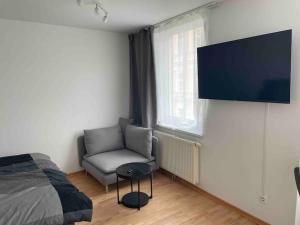 1 dormitorio con 1 cama, 1 silla y TV de pantalla plana en Apartment next to Mariahilferstraße, en Viena