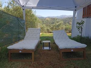 two beds sitting under a tent with a table at Chania Mini Villas in Skinés