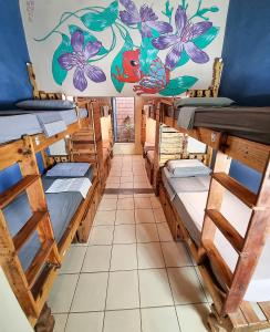 a room with four bunk beds with a mural on the wall at Chapada Backpackers Hostel Agência in Lençóis