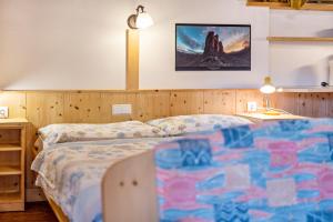 1 dormitorio con 2 camas y una foto en la pared en Lindenhof Apt 3, en Vandoies