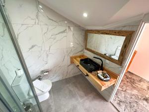 a bathroom with a toilet and a mirror at Cabana Boutique Hotel & Cafe in Milas
