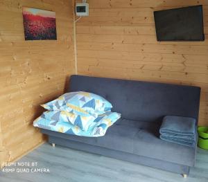 a blue couch with a pillow in a room at Domki Family Rowy in Rowy