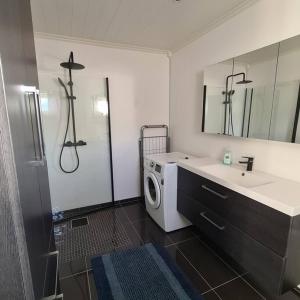 La salle de bains est pourvue d'un lavabo et d'un lave-linge. dans l'établissement Koselig hus med hage i Herøy på Sunnmøre., 