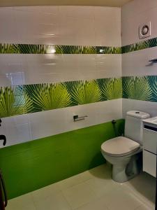a green and white bathroom with a toilet at Vista Sul Mare II in Burgas