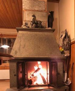 a kitchen with a stove with a fire in it at Holiday Cabin Kerimaa 41 in Savonlinna