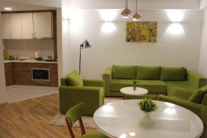 a living room with a green couch and a table at Domini LakeView Apartment in Mavrovo