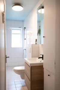 a bathroom with a sink and a toilet and a window at 2bedroom apartment close to centre in Reykjavík