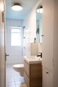 a bathroom with a sink and a toilet and a window at Bright apartment near city center in Reykjavík +13 photos