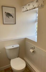 a bathroom with a white toilet and a window at Ashes Farm Cottage in Kilmington
