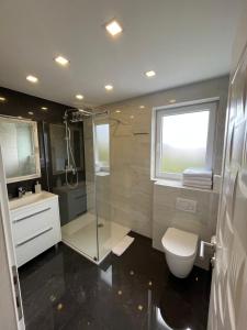 La salle de bains est pourvue d'une douche, de toilettes et d'un lavabo. dans l'établissement Luxury apartment in Hotel, à Makarska