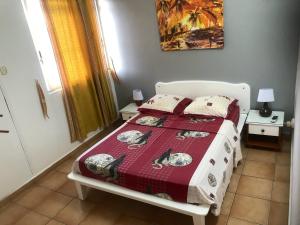 a bedroom with a bed with a red and white blanket at Appartement charmant à Sainte-Anne - 45 m² avec vue sur le jardin in Sainte-Anne