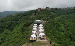 un train avec des dômes garés sur une colline dans l'établissement Signagi Glamping, à Sighnaghi